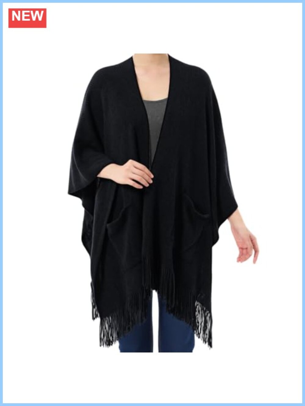 Knitted Poncho Women Shawl Wrap with Pockets Open Front Fringe Tassel Winter